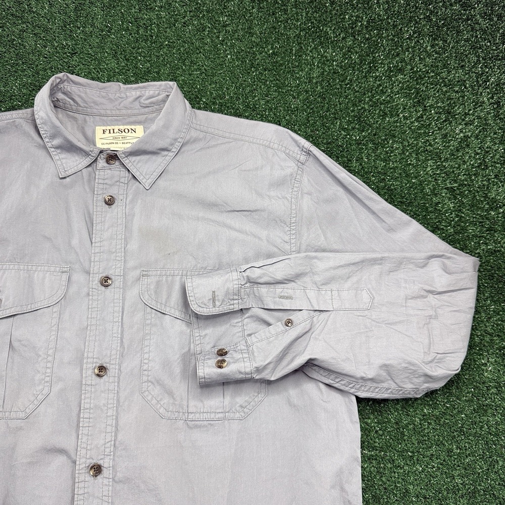 C.C. Filson Men's Long Sleeve Button Shirt Size Large Gray Fishing Outdoor